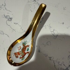 Antique Chinese Porcelain Early 20th C. Gold & Red Dragon Enamel Soup Spoon